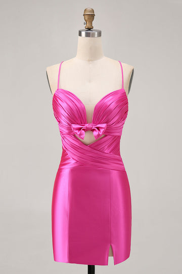 Fuchsia Cut Out Pleated Tight Homecoming Dress with Bow